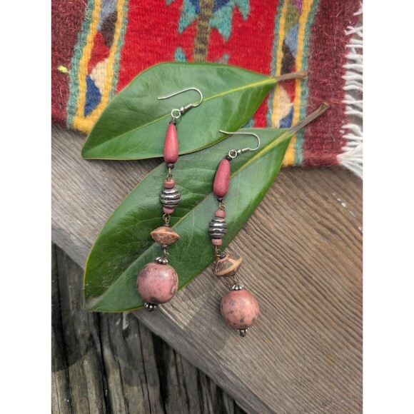 Vintage Wood Bead Dangle Earrings: Bohemian Earrings - Picture 9 of 13
